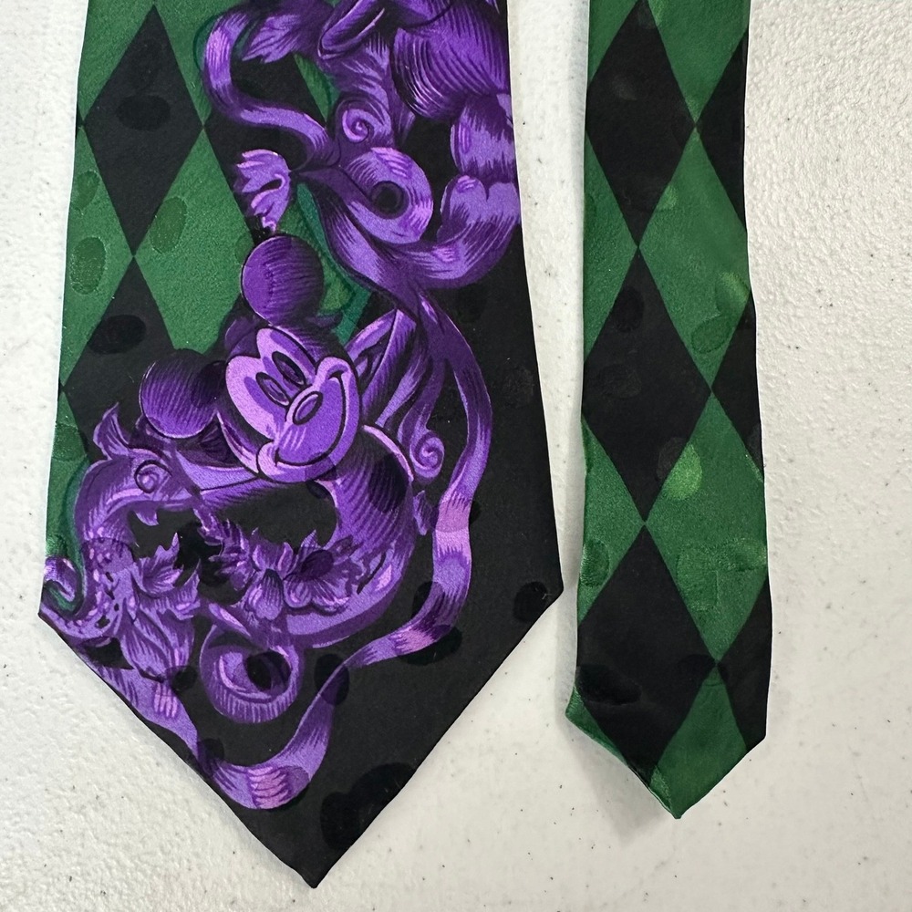 Vintage Disney Store Mickey Mouse Silk Tie Green Black Harlequin Purple Baroque